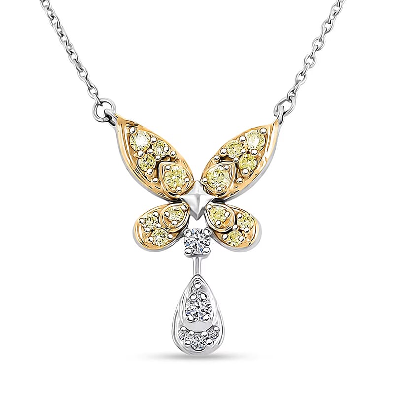 Luxuriant Lab Grown Yellow Diamond (IR) and Lab Grown Diamond VS 0.25 ctw Butterfly Pendant Necklace in Rhodium Over Sterling Silver 18-20 Inches