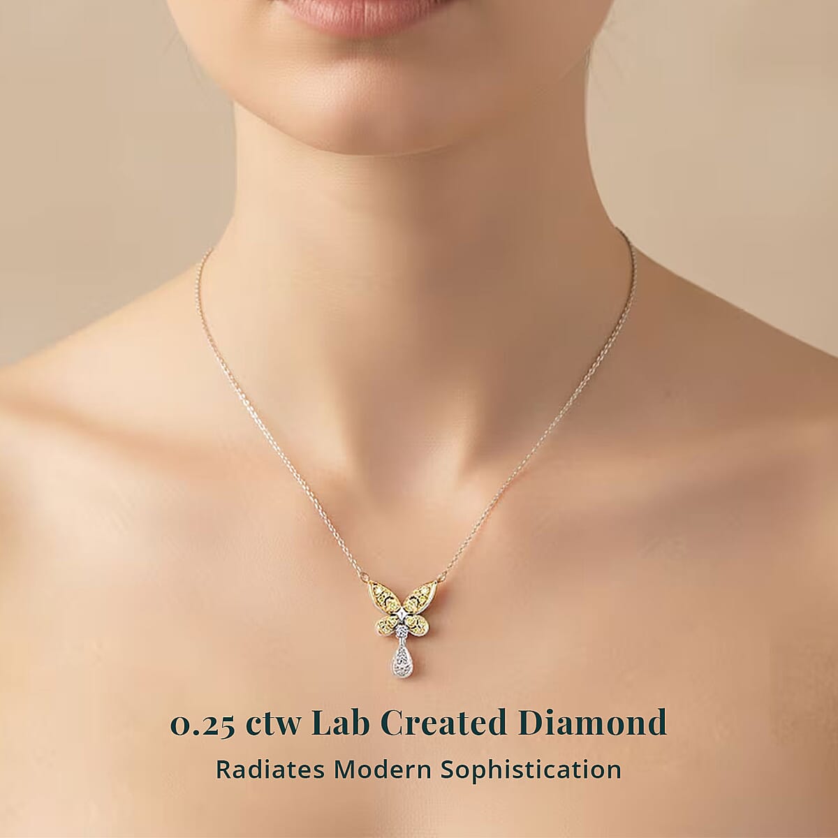 Luxuriant Lab Grown Yellow Diamond (IR) and Lab Grown Diamond VS 0.25 ctw Butterfly Pendant Necklace in Rhodium Over Sterling Silver 18-20 Inches image number 1