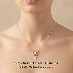 Luxuriant Lab Grown Yellow Diamond (IR) and Lab Grown Diamond VS 0.25 ctw Butterfly Pendant Necklace in Rhodium Over Sterling Silver 18-20 Inches