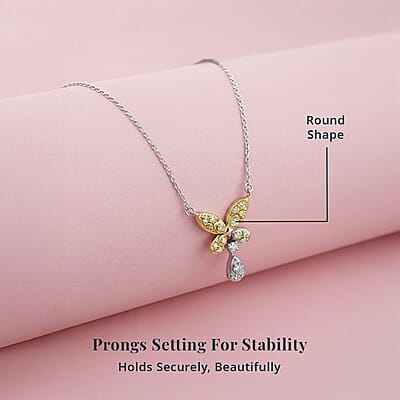 Luxuriant Lab Grown Yellow Diamond (IR) and Lab Grown Diamond VS 0.25 ctw Butterfly Pendant Necklace in Rhodium Over Sterling Silver 18-20 Inches