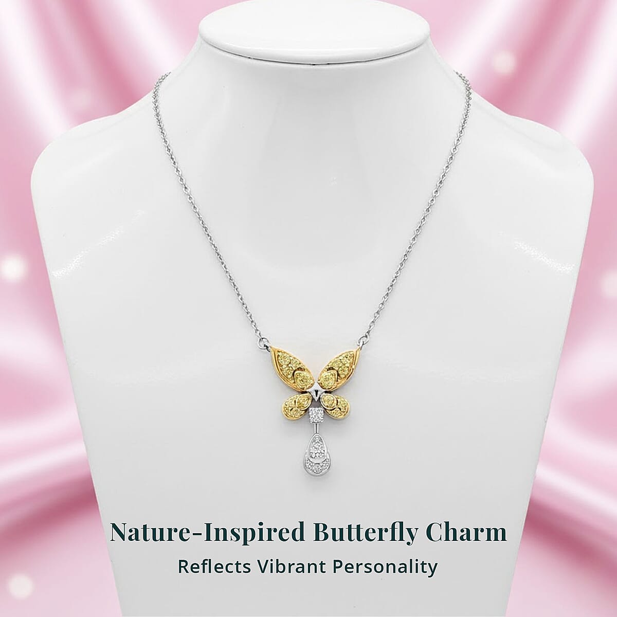 Luxuriant Lab Grown Yellow Diamond (IR) and Lab Grown Diamond VS 0.25 ctw Butterfly Pendant Necklace in Rhodium Over Sterling Silver 18-20 Inches image number 5