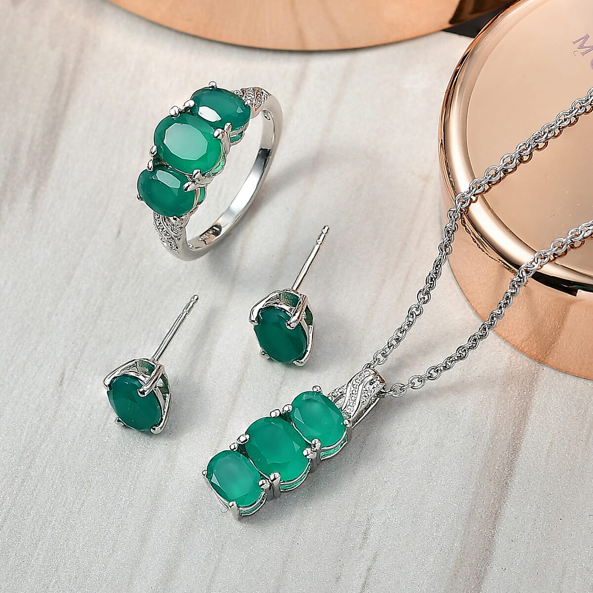 3 Piece Set - EverTrue Verde Onyx 7.50 ctw Stud Earrings, Ring (Size 5.0) and Pendant in Platinum Bond with Stainless Steel Necklace 20 Inches  image number 1