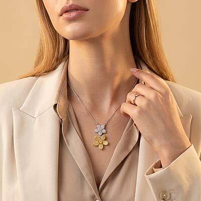 Luxuriant Lab Grown Yellow Diamond (IR) and Lab Grown Diamond VS 0.33 ctw Blooming Floral Pendant Necklace 18-20 Inches in Rhodium Over Sterling Silver