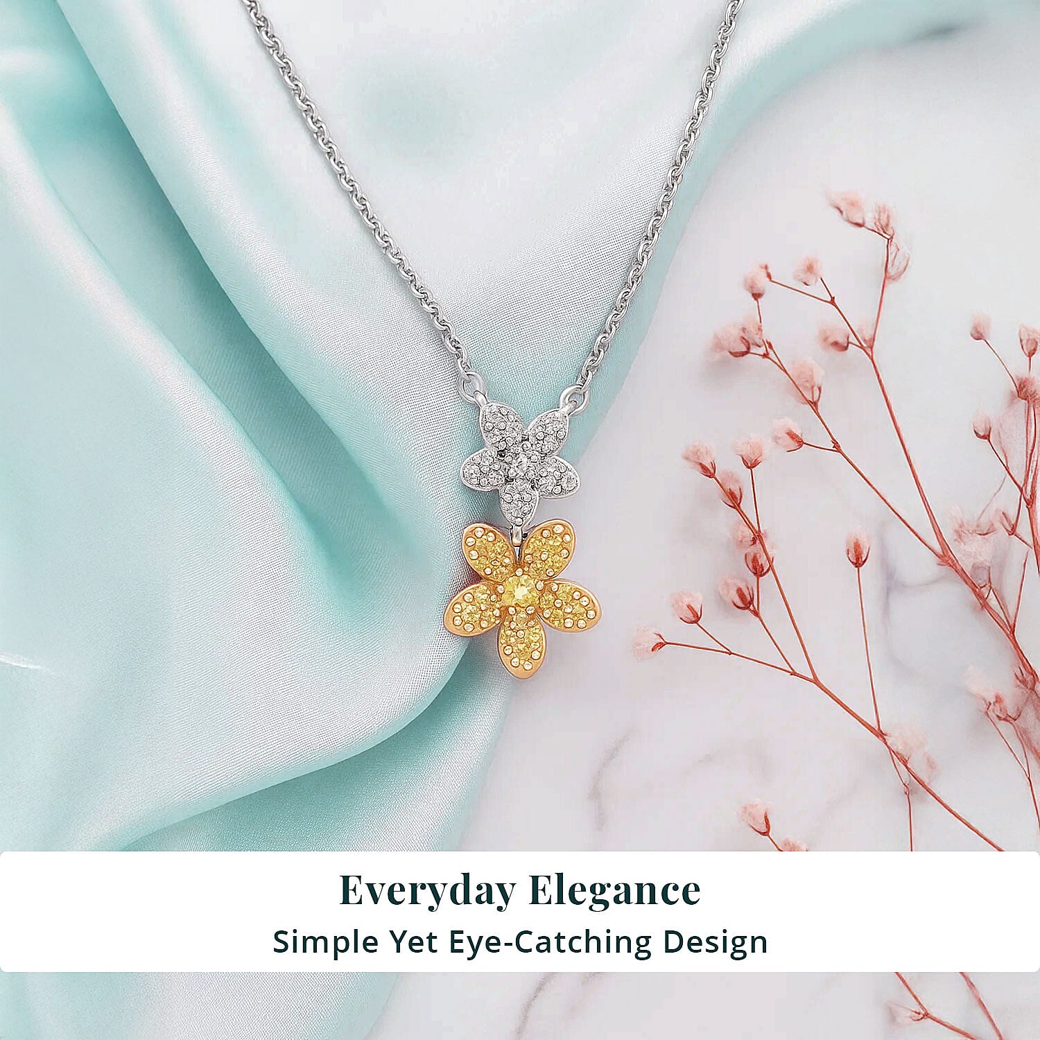 Luxuriant Lab Grown Yellow Diamond (IR) and Lab Grown Diamond VS 0.33 ctw Blooming Floral Pendant Necklace 18-20 Inches in Rhodium Over Sterling Silver