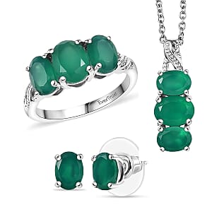 3 Piece Set - EverTrue Verde Onyx 7.50 ctw Stud Earrings, Ring (Size 6.0) and Pendant in Platinum Bond with Stainless Steel Necklace 20 Inches 