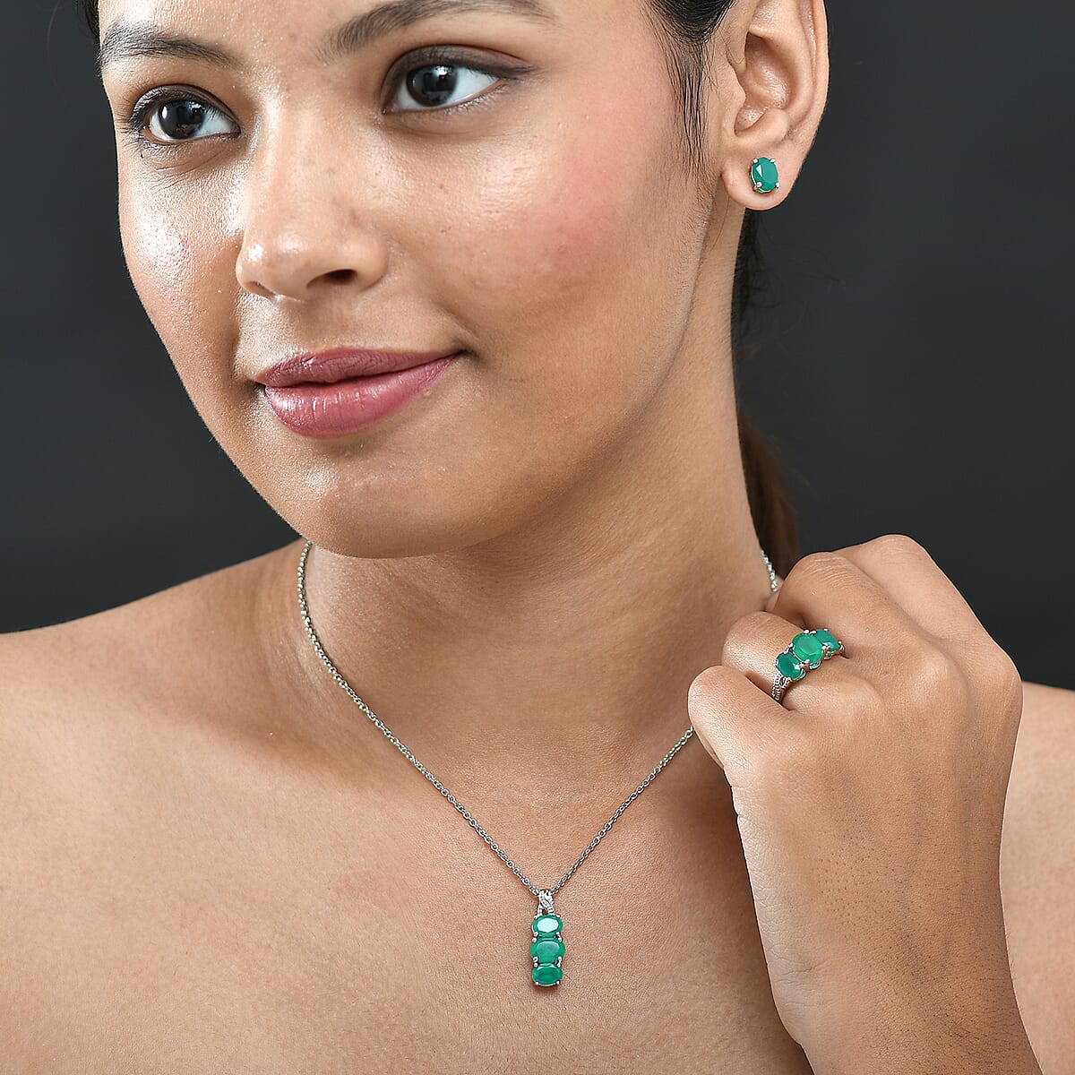 3 Piece Set - EverTrue Verde Onyx 7.50 ctw Stud Earrings, Ring (Size 6.0) and Pendant in Platinum Bond with Stainless Steel Necklace 20 Inches  image number 3