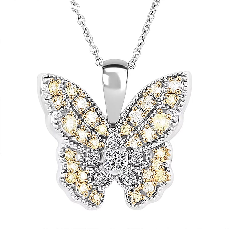 Luxuriant Lab Grown Yellow Diamond (IR) and Lab Grown Diamond VS 0.50 ctw Butterfly Pendant Necklace in Rhodium Over Sterling Silver 20 Inches