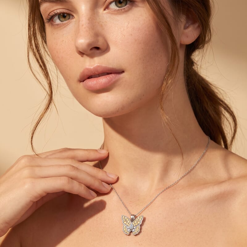 Luxuriant Lab Grown Yellow Diamond (IR) and Lab Grown Diamond VS 0.50 ctw Butterfly Pendant Necklace in Rhodium Over Sterling Silver 20 Inches
