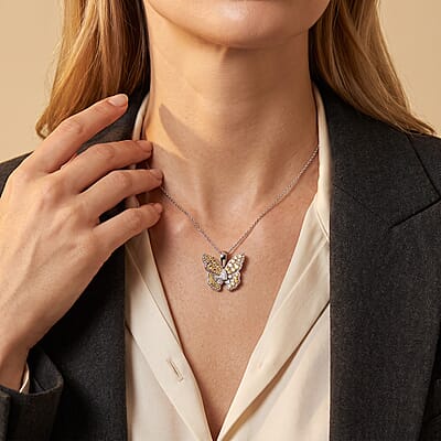 Luxuriant Lab Grown Yellow Diamond (IR) and Lab Grown Diamond VS 0.50 ctw Butterfly Pendant Necklace in Rhodium Over Sterling Silver 20 Inches