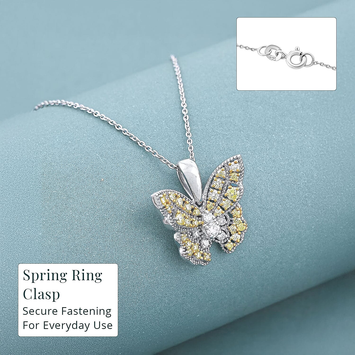 Luxuriant Lab Grown Yellow Diamond (IR) and Lab Grown Diamond VS 0.50 ctw Butterfly Pendant Necklace in Rhodium Over Sterling Silver 20 Inches