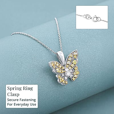 Luxuriant Lab Grown Yellow Diamond (IR) and Lab Grown Diamond VS 0.50 ctw Butterfly Pendant Necklace in Rhodium Over Sterling Silver 20 Inches