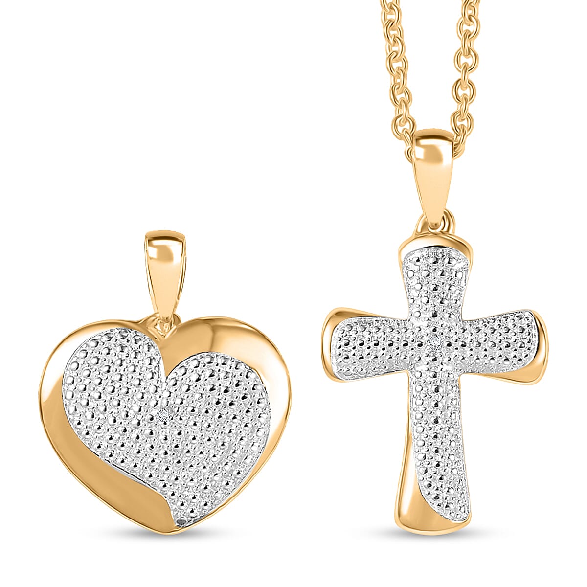 EverTrue Lab Grown Diamond Accent Heart and Cross Pendants in 18K YG Plated with ION Plated YG Stainless Steel Necklace (20 Inches)
