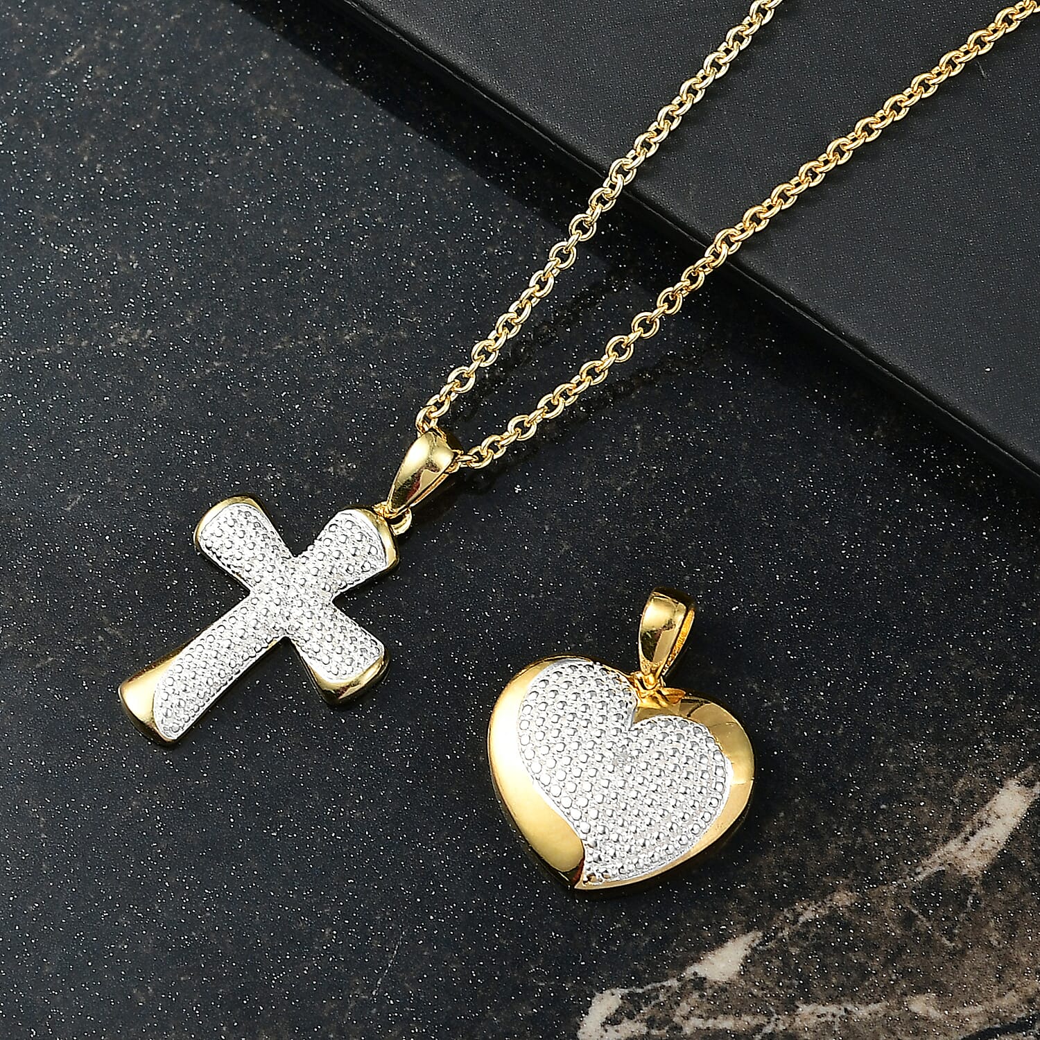 EverTrue Lab Grown Diamond Accent Heart and Cross Pendants in 18K YG Plated with ION Plated YG Stainless Steel Necklace (20 Inches)