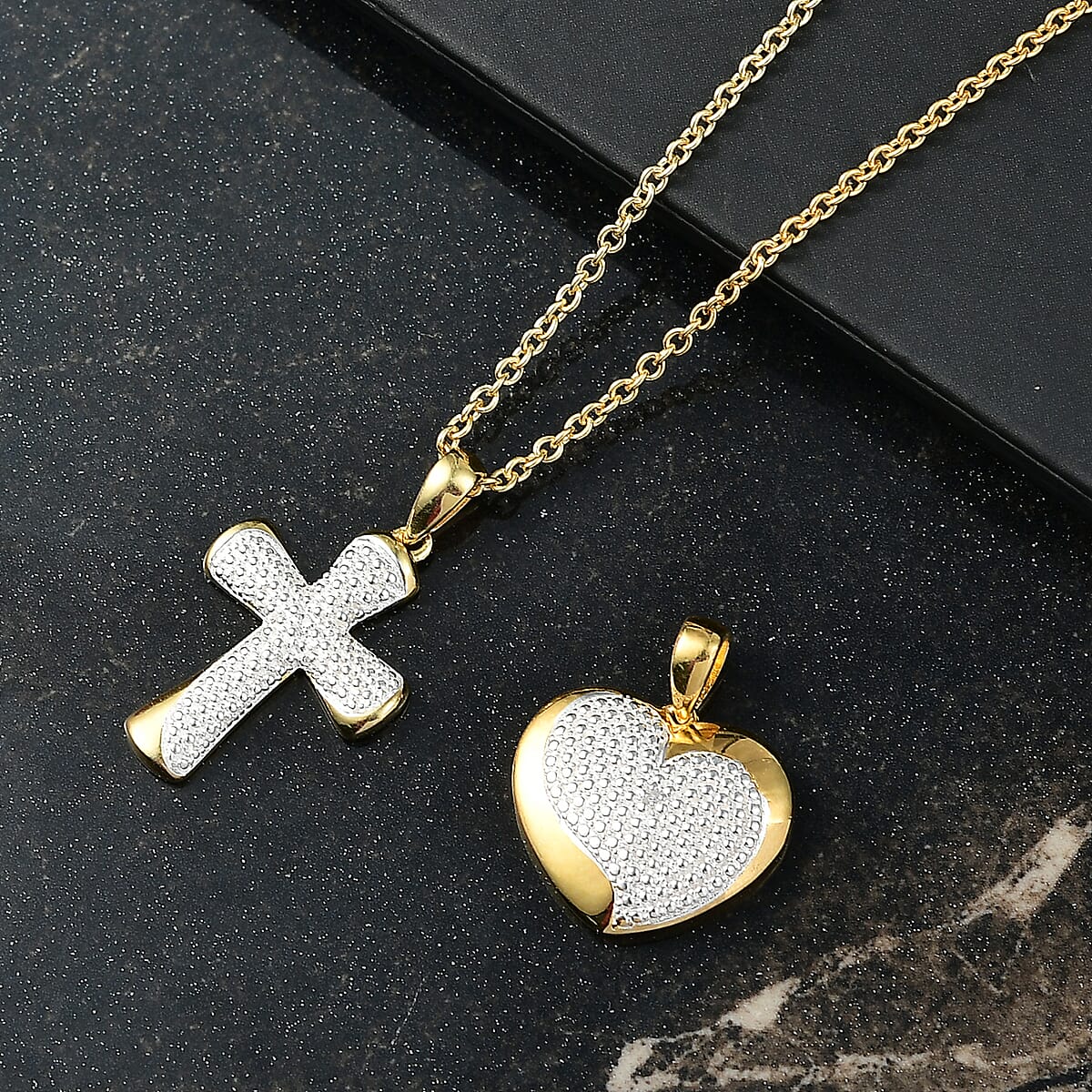EverTrue Lab Grown Diamond (G-H, SI) Heart and Cross Pendants in 18K YG Plated with ION Plated YG Stainless Steel Necklace (20 Inches) image number 1
