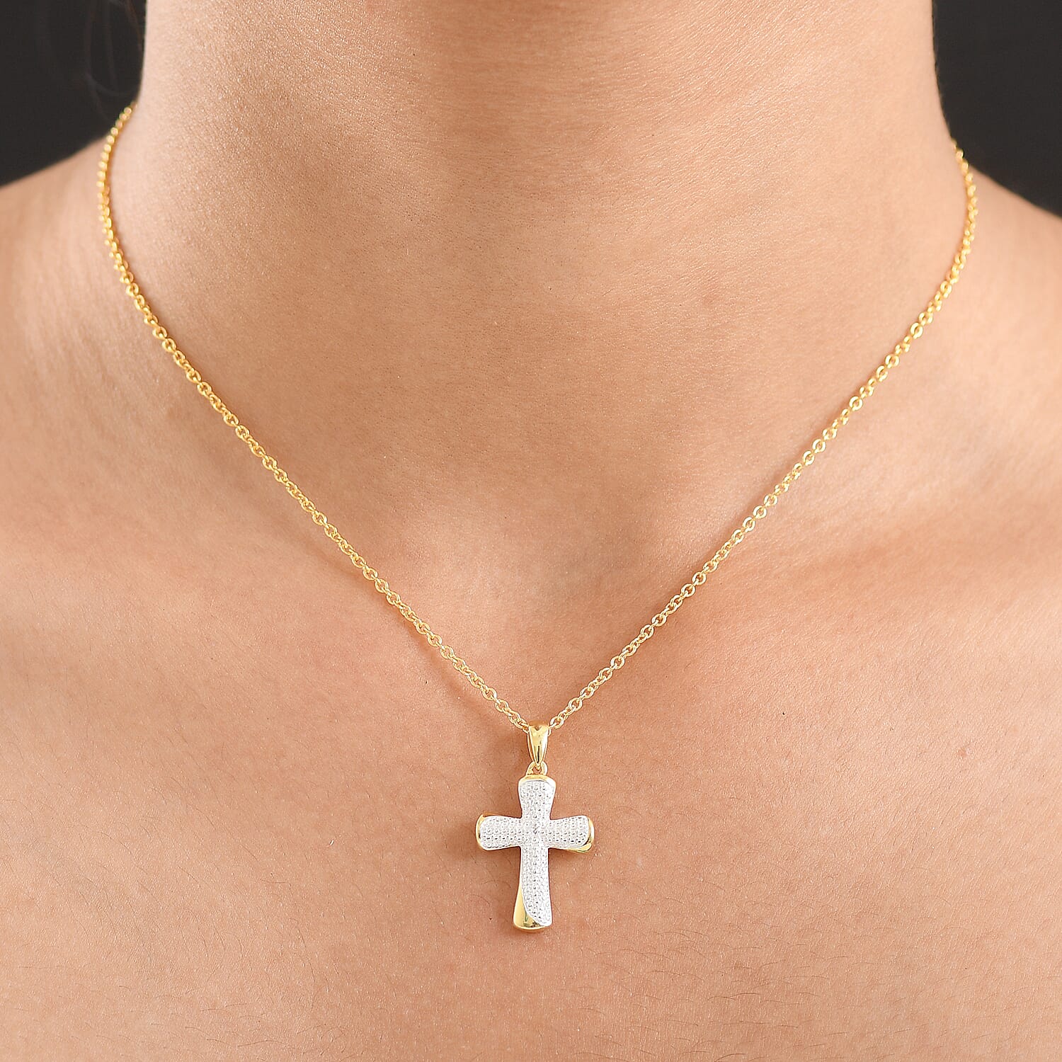 EverTrue Lab Grown Diamond Accent Heart and Cross Pendants in 18K YG Plated with ION Plated YG Stainless Steel Necklace (20 Inches)