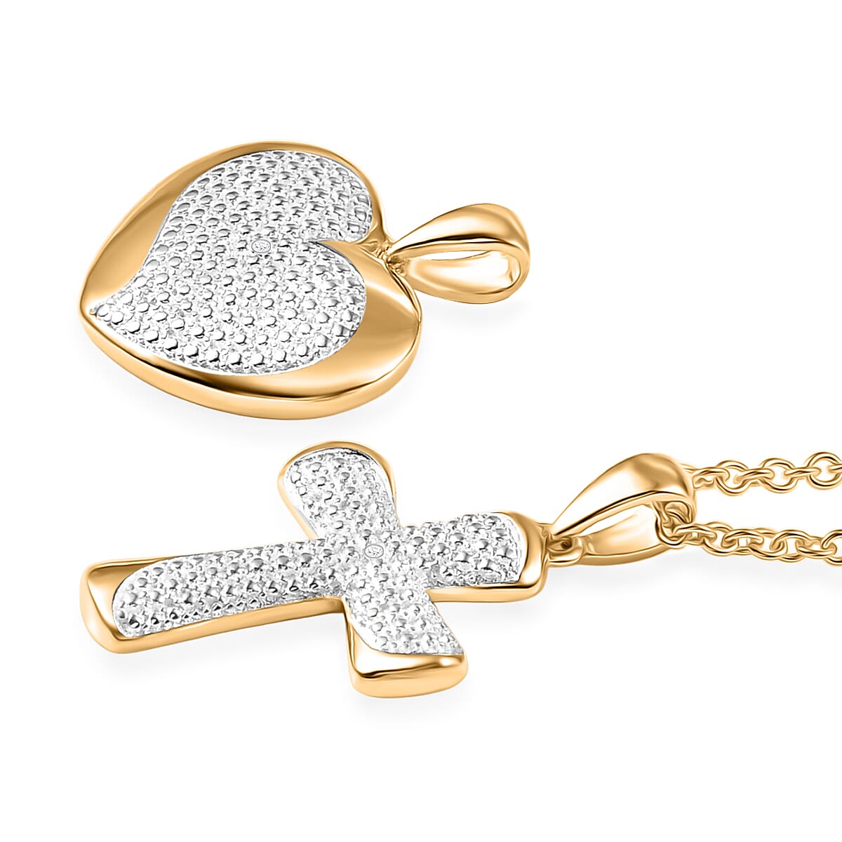 EverTrue Lab Grown Diamond Accent Heart and Cross Pendants in 18K YG Plated with ION Plated YG Stainless Steel Necklace (20 Inches)