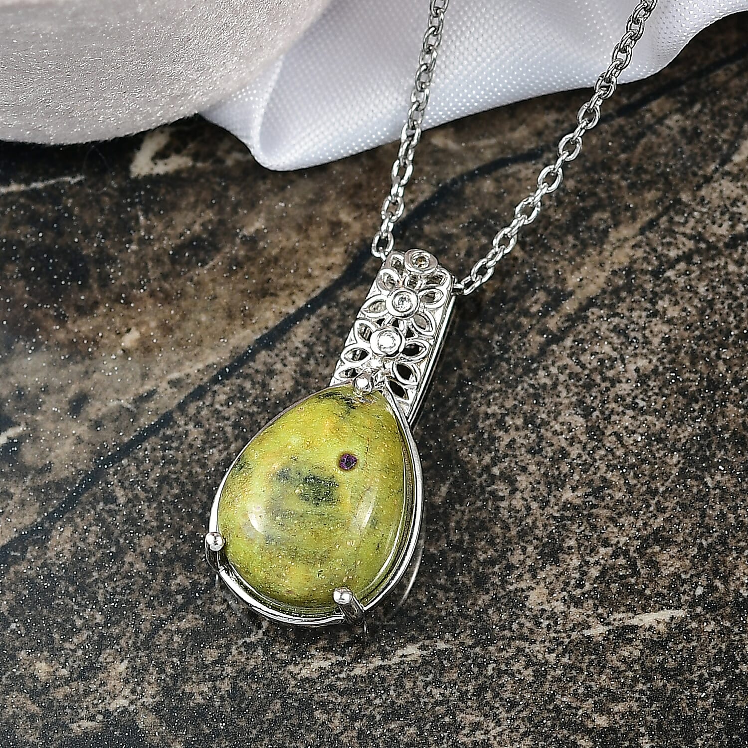 EverTrue Tasmanian Stichtite and White Zircon 8.65 ctw Mystic Earth Drop Pendant in Platinum Bond with Stainless Steel Necklace 20 Inches