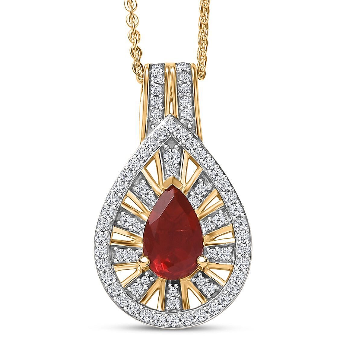 D'Joy Mexican Fire Opal and Moissanite 1.00 ctw Art Deco Pendant Necklace in 18K Vermeil Yellow Gold Over Sterling Silver 20 Inches image number 0