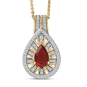 D'Joy Mexican Fire Opal and Moissanite 1.00 ctw Art Deco Pendant Necklace in 18K Vermeil Yellow Gold Over Sterling Silver 20 Inches