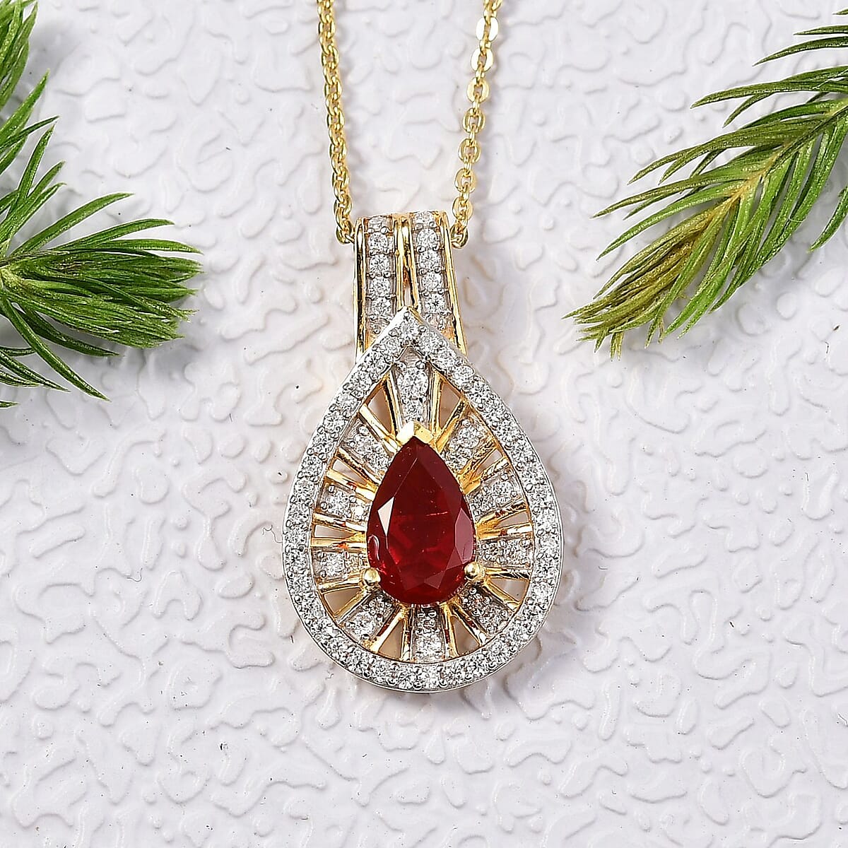 D'Joy Mexican Fire Opal and Moissanite 1.00 ctw Art Deco Pendant Necklace in 18K Vermeil Yellow Gold Over Sterling Silver 20 Inches image number 1