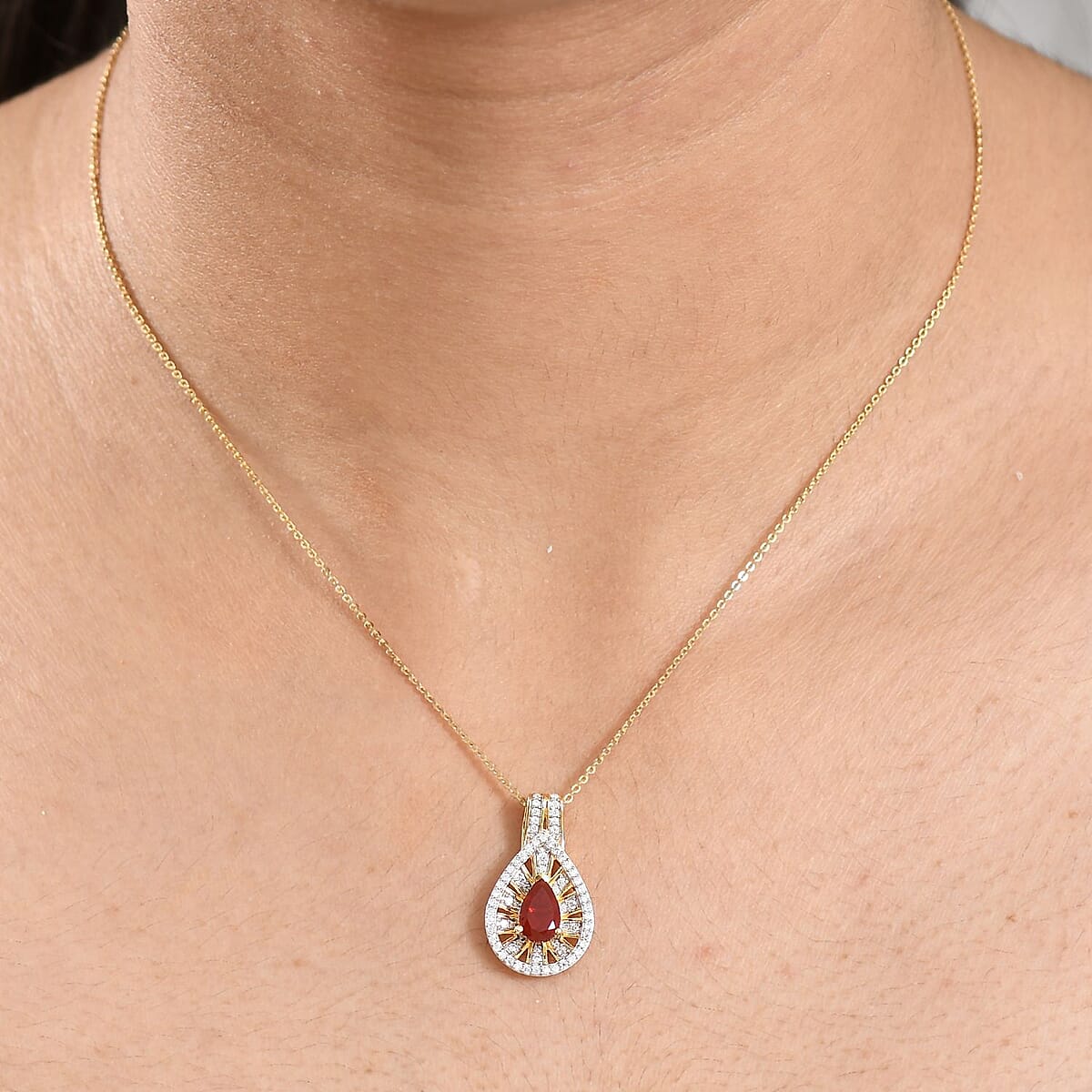 D'Joy Mexican Fire Opal and Moissanite 1.00 ctw Art Deco Pendant Necklace in 18K Vermeil Yellow Gold Over Sterling Silver 20 Inches image number 2