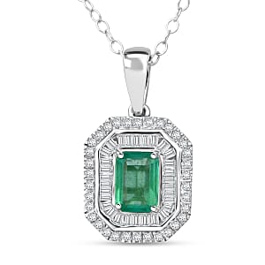 D'Joy Kagem Zambian Emerald and Diamond 1.35 ctw Pendant Necklace 20 Inches in Rhodium Over Sterling Silver