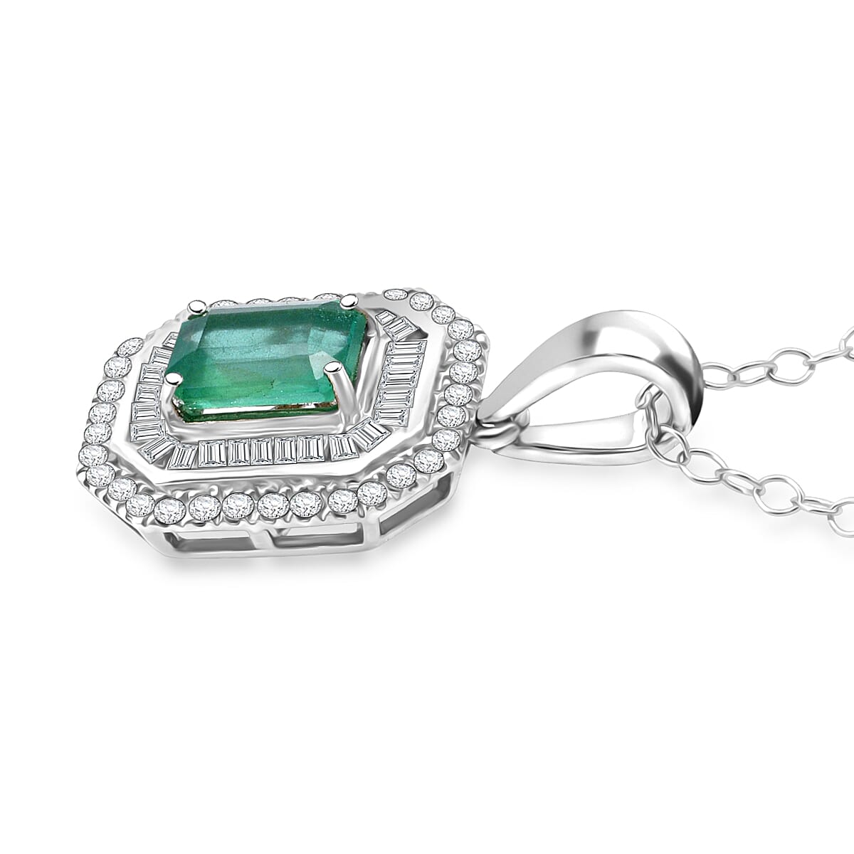D'Joy Kagem Zambian Emerald and Diamond 1.35 ctw Pendant Necklace 20 Inches in Rhodium Over Sterling Silver image number 3