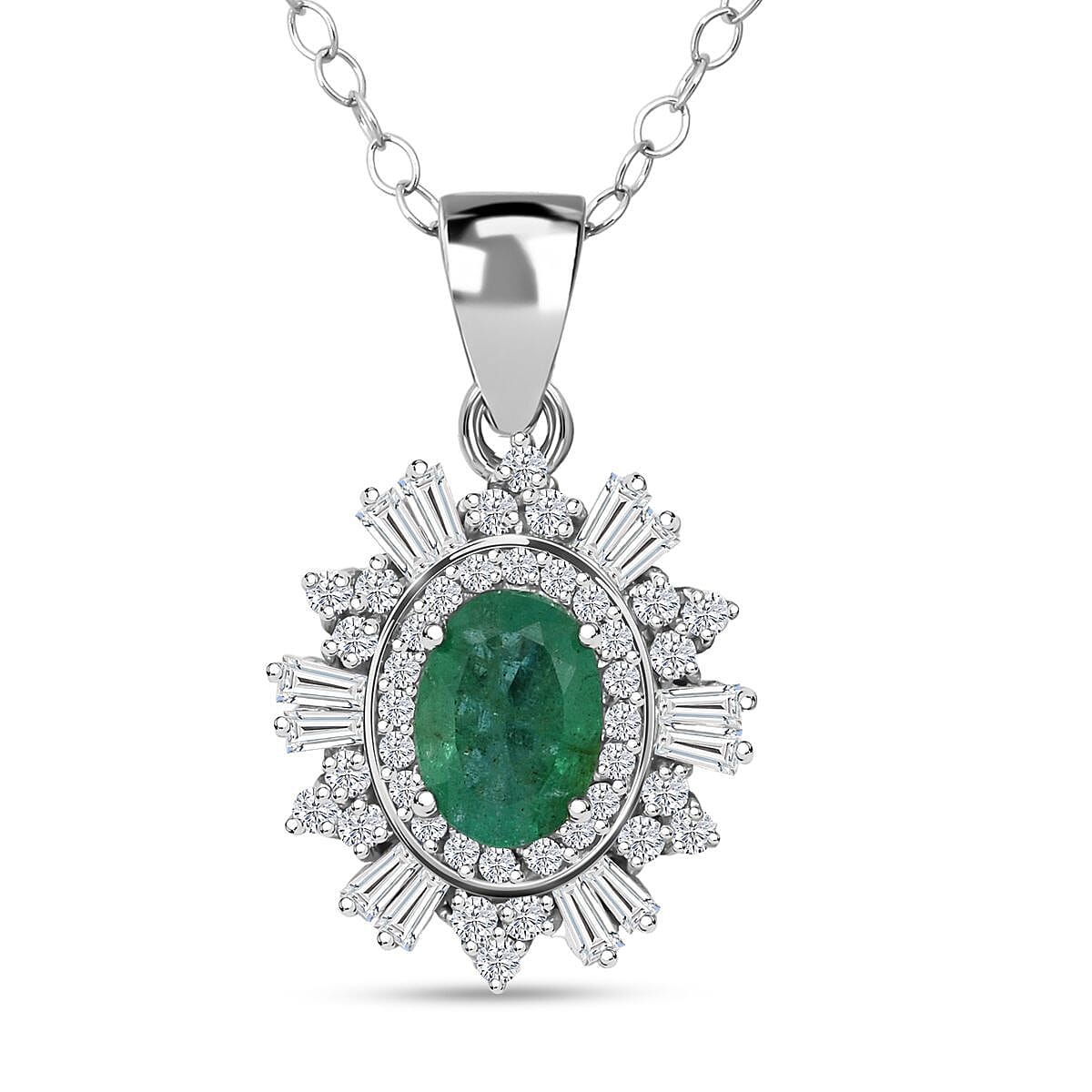 D'Joy Premium Kagem Zambian Emerald and Moissanite 1.50 ctw Pendant Necklace in Rhodium Over Sterling Silver 20 Inches image number 0