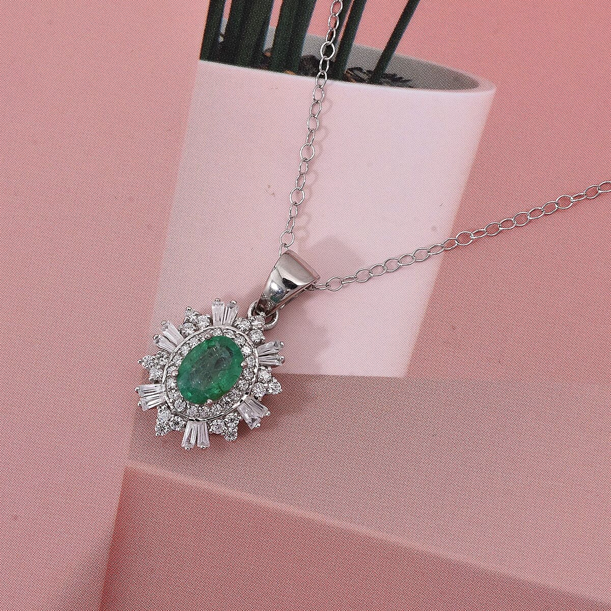 D'Joy Premium Kagem Zambian Emerald and Moissanite 1.50 ctw Pendant Necklace in Rhodium Over Sterling Silver 20 Inches image number 1