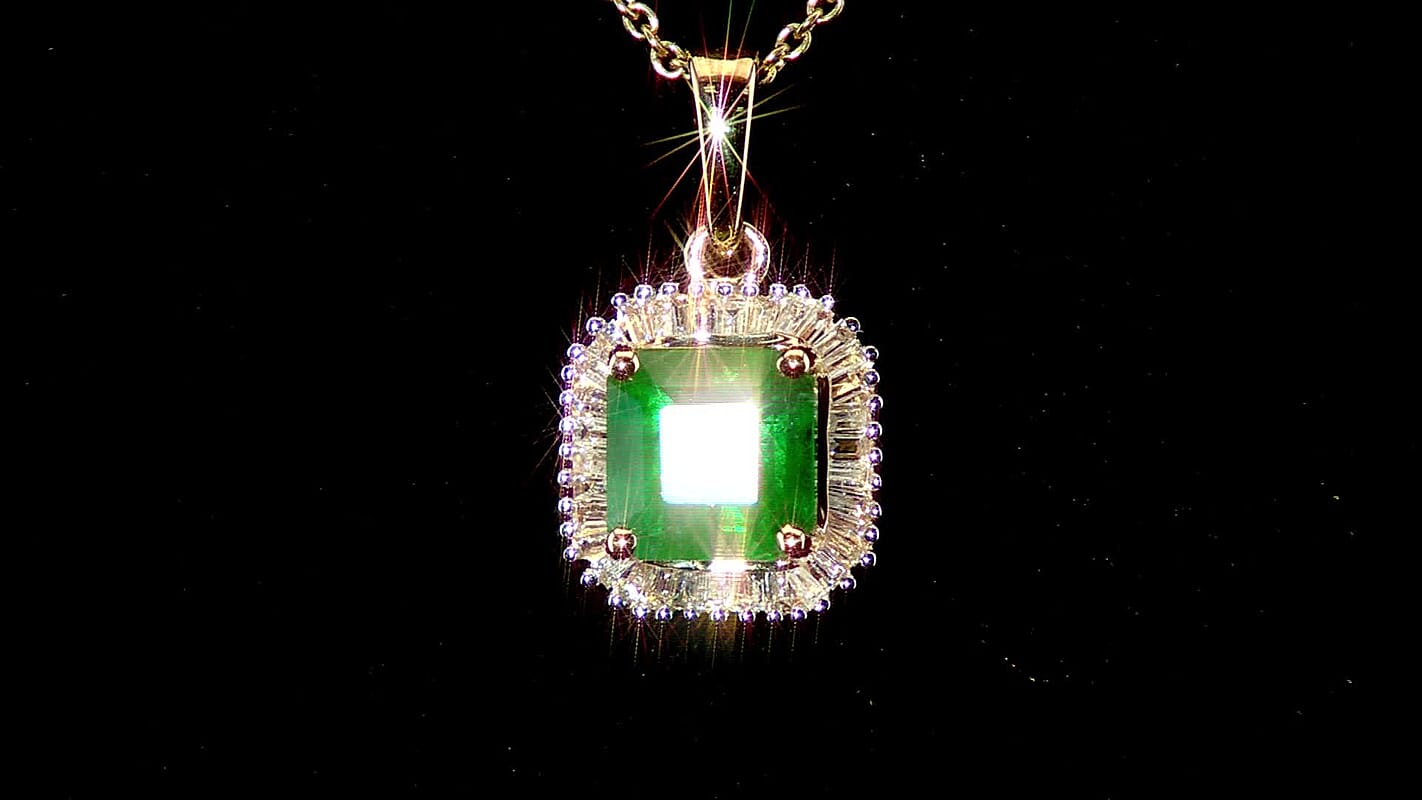 D'Joy Premium Kagem Zambian Emerald and Moissanite 1.50 ctw Pendant Necklace in Rhodium Over Sterling Silver 20 Inches