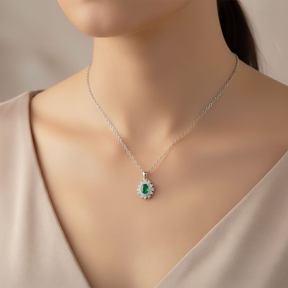 D'Joy Premium Kagem Zambian Emerald and Moissanite 1.50 ctw Pendant Necklace in Rhodium Over Sterling Silver 20 Inches image number 2