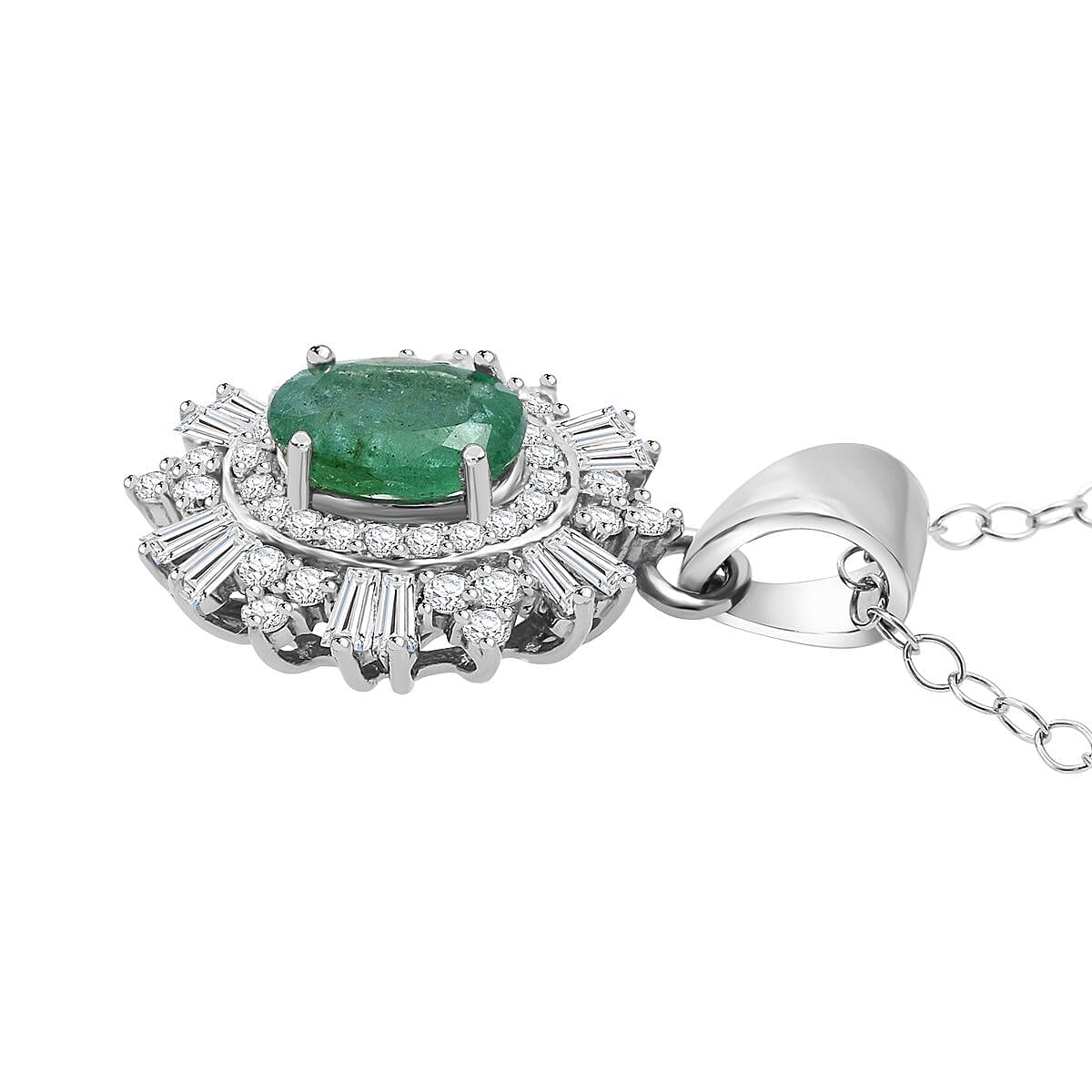 D'Joy Premium Kagem Zambian Emerald and Moissanite 1.50 ctw Pendant Necklace in Rhodium Over Sterling Silver 20 Inches image number 3