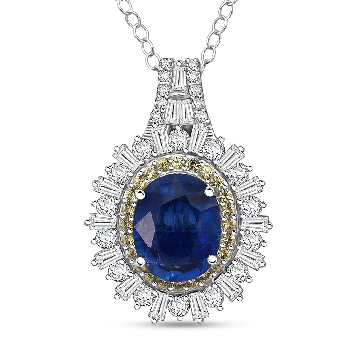 D'Joy Premium Kashmir Kyanite and Multi Gemstone 4.80 ctw Royal Halo Pendant Necklace in Rhodium Over Sterling Silver 20 Inches image number 0