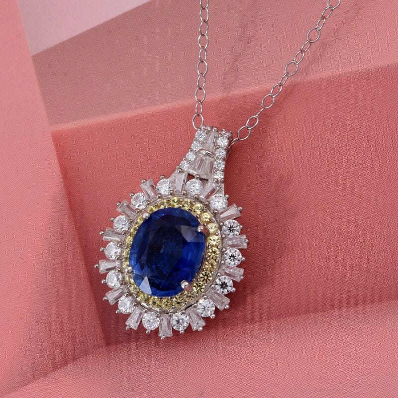 D'Joy Premium Kashmir Kyanite and Multi Gemstone 4.80 ctw Royal Halo Pendant Necklace in Rhodium Over Sterling Silver 20 Inches