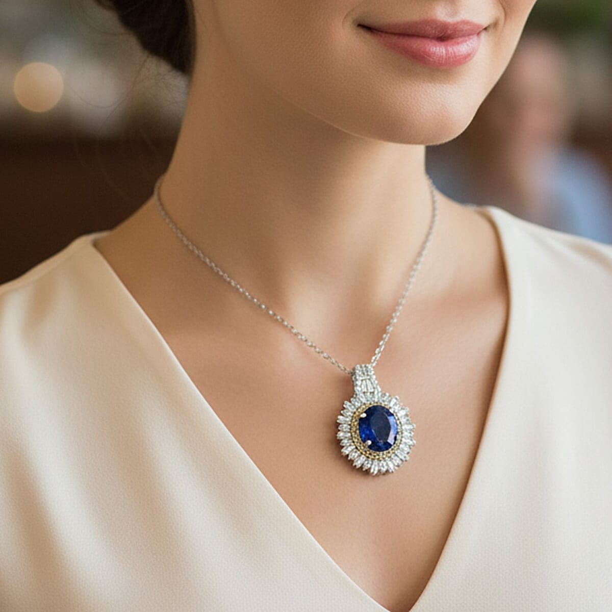 D'Joy Premium Kashmir Kyanite and Multi Gemstone 4.80 ctw Royal Halo Pendant Necklace in Rhodium Over Sterling Silver 20 Inches image number 2