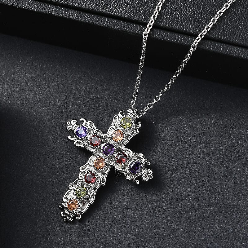EverTrue Simulated Multi Color Diamond Pendant Necklace in Stainless Steel 20 Inches
