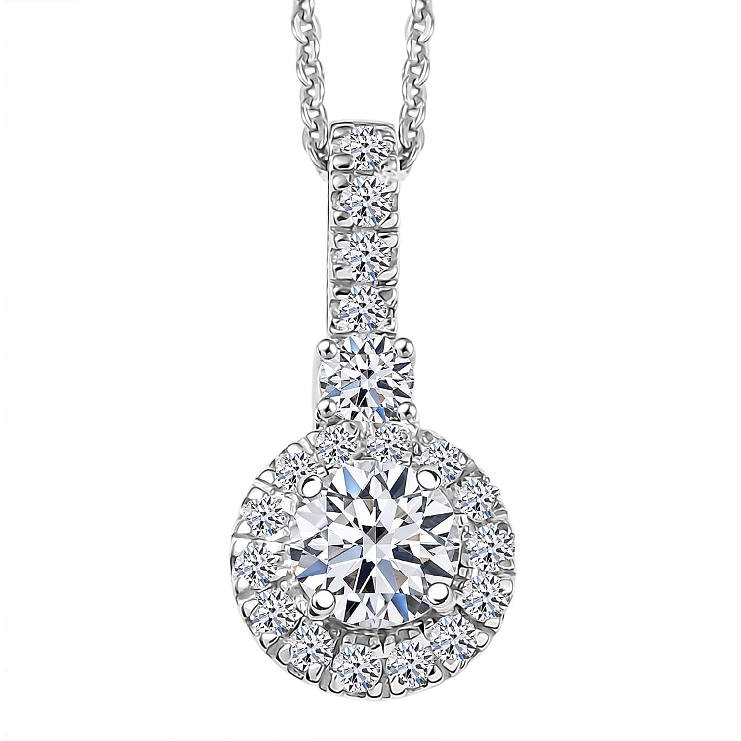 Luxuriant Lab Grown Diamond G-H SI 0.90 ctw Classic Halo Pendant Necklace in Rhodium Over Sterling Silver 20 Inches