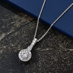 Luxuriant Lab Grown Diamond G-H SI 0.90 ctw Classic Halo Pendant Necklace in Rhodium Over Sterling Silver 20 Inches