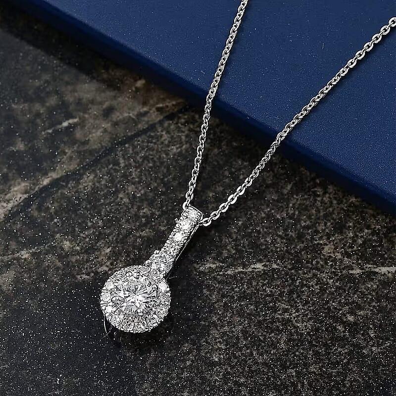 Luxuriant Lab Grown Diamond G-H SI 0.90 ctw Classic Halo Pendant Necklace in Rhodium Over Sterling Silver 20 Inches