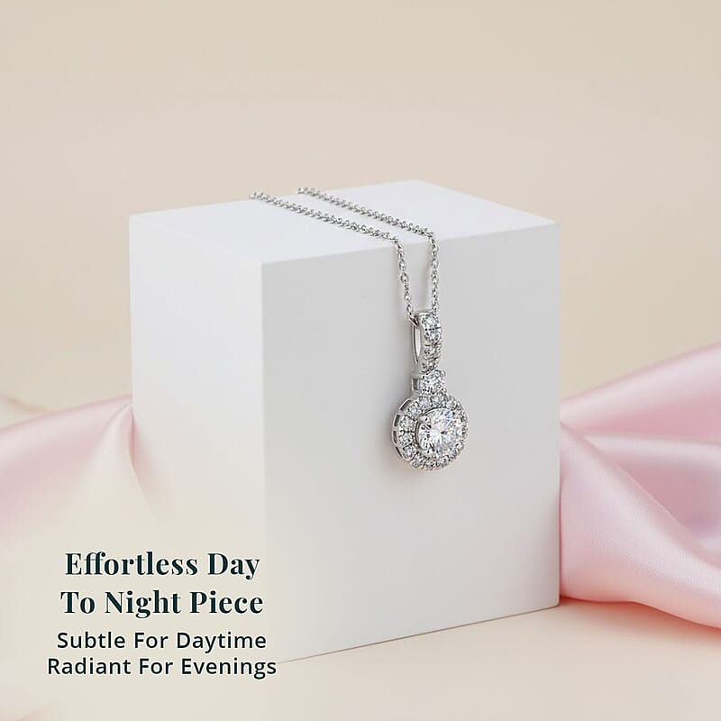 Luxuriant Lab Grown Diamond G-H SI 0.90 ctw Classic Halo Pendant Necklace in Rhodium Over Sterling Silver 20 Inches