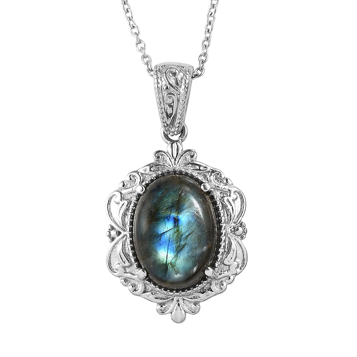 EverTrue Malagasy Labradorite 11.10 ctw Pendant Necklace in Stainless Steel 20 Inches