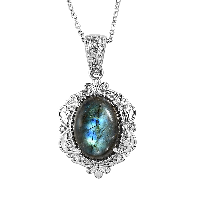 EverTrue Malagasy Labradorite 11.10 ctw Pendant Necklace in Stainless Steel 20 Inches