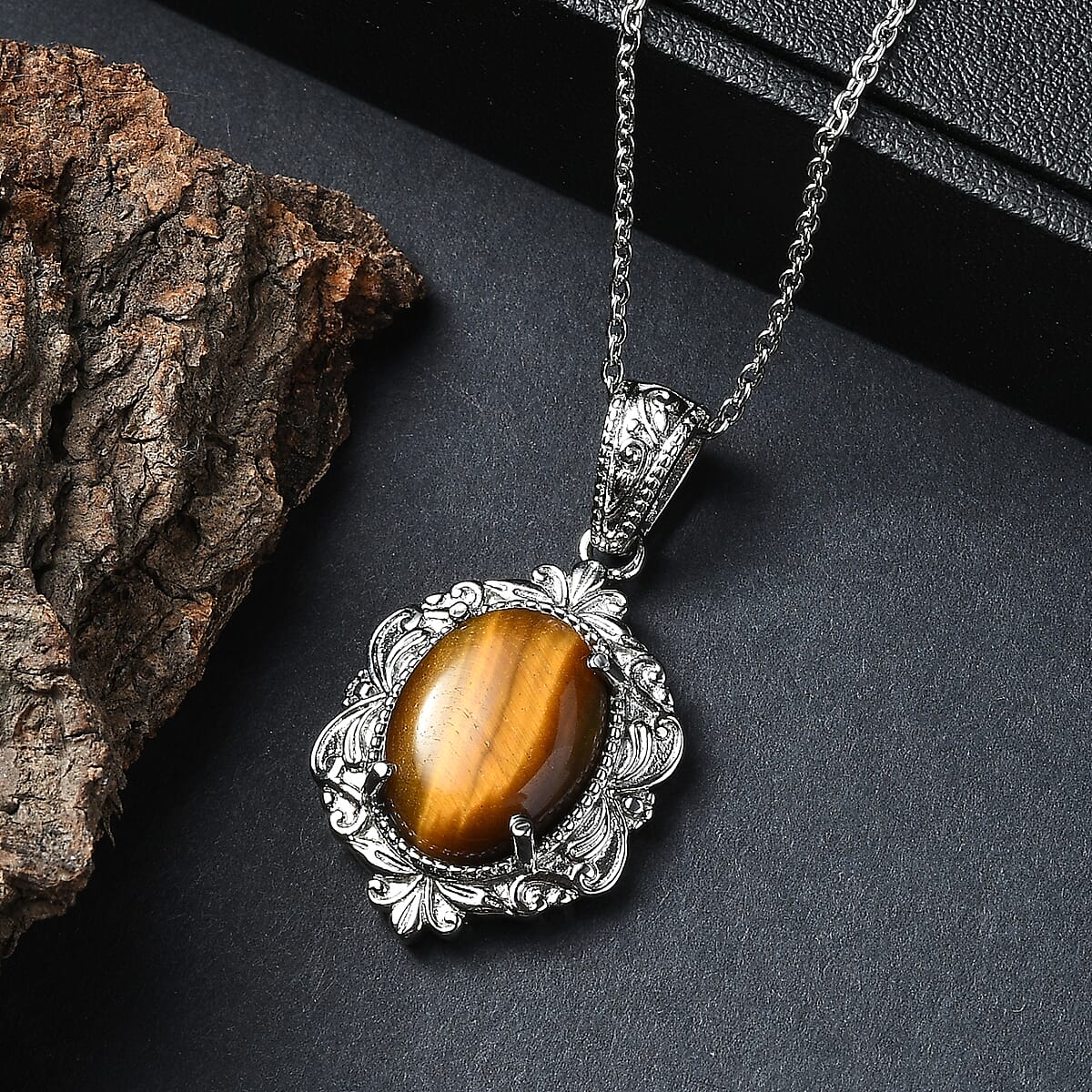 EverTrue Tigers Eye 10.00 ctw Pendant Necklace in Stainless Steel 20 Inches  image number 1