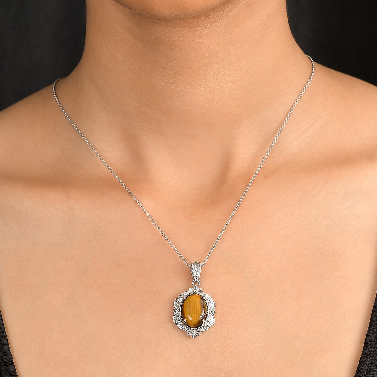 EverTrue Tigers Eye 10.00 ctw Pendant Necklace in Stainless Steel 20 Inches  image number 2