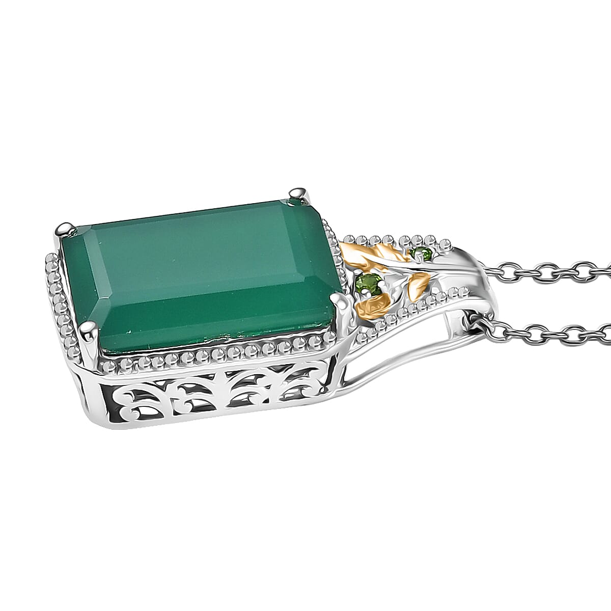 EverTrue Verde Onyx and Chrome Diopside 13.10 ctw Pendant in 18K YG Plated and Platinum Bond with Stainless Steel Necklace 20 Inches image number 3