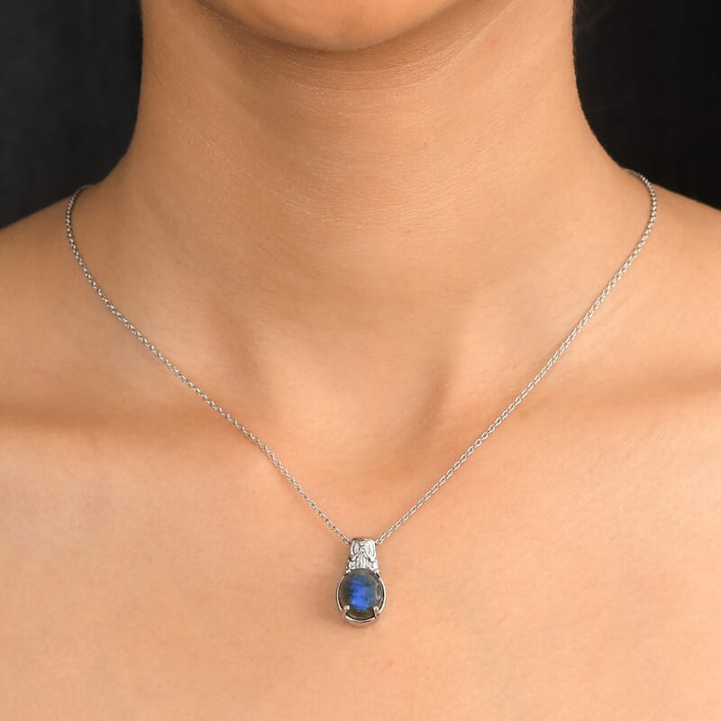 EverTrue Malagasy Labradorite 5.60 ctw Pendant Necklace in Stainless Steel 20 Inches