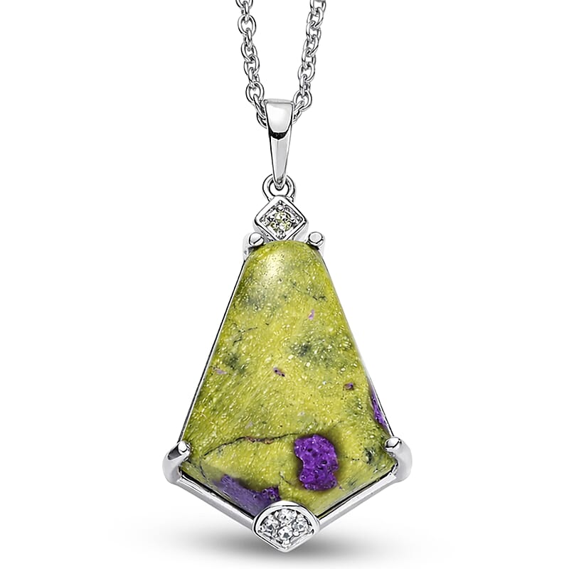 EverTrue Tasmanian Stichtite and Multi Gemstone 11.50 ctw Earthborn Grace Royal Shield Pendant in Platinum Bond with Stainless Steel Necklace 20 Inches
