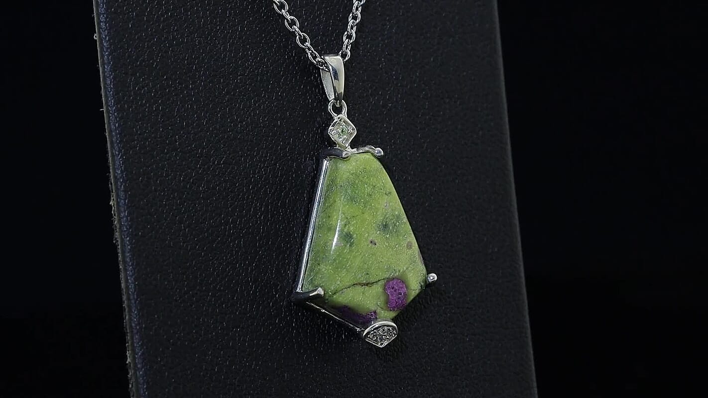 EverTrue Tasmanian Stichtite and Multi Gemstone 11.50 ctw Earthborn Grace Royal Shield Pendant in Platinum Bond with Stainless Steel Necklace 20 Inches