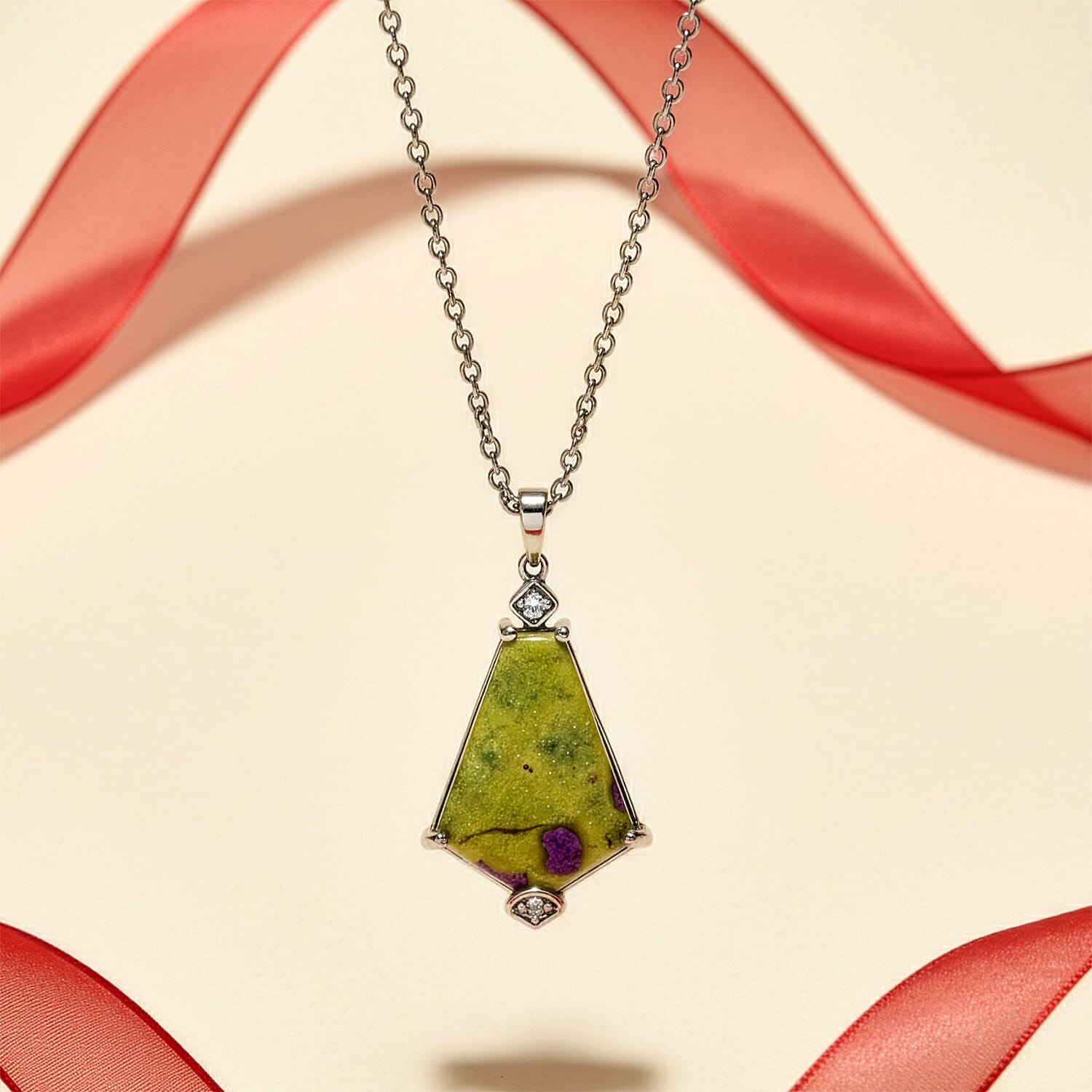 EverTrue Tasmanian Stichtite and Multi Gemstone 11.50 ctw Earthborn Grace Royal Shield Pendant in Platinum Bond with Stainless Steel Necklace 20 Inches