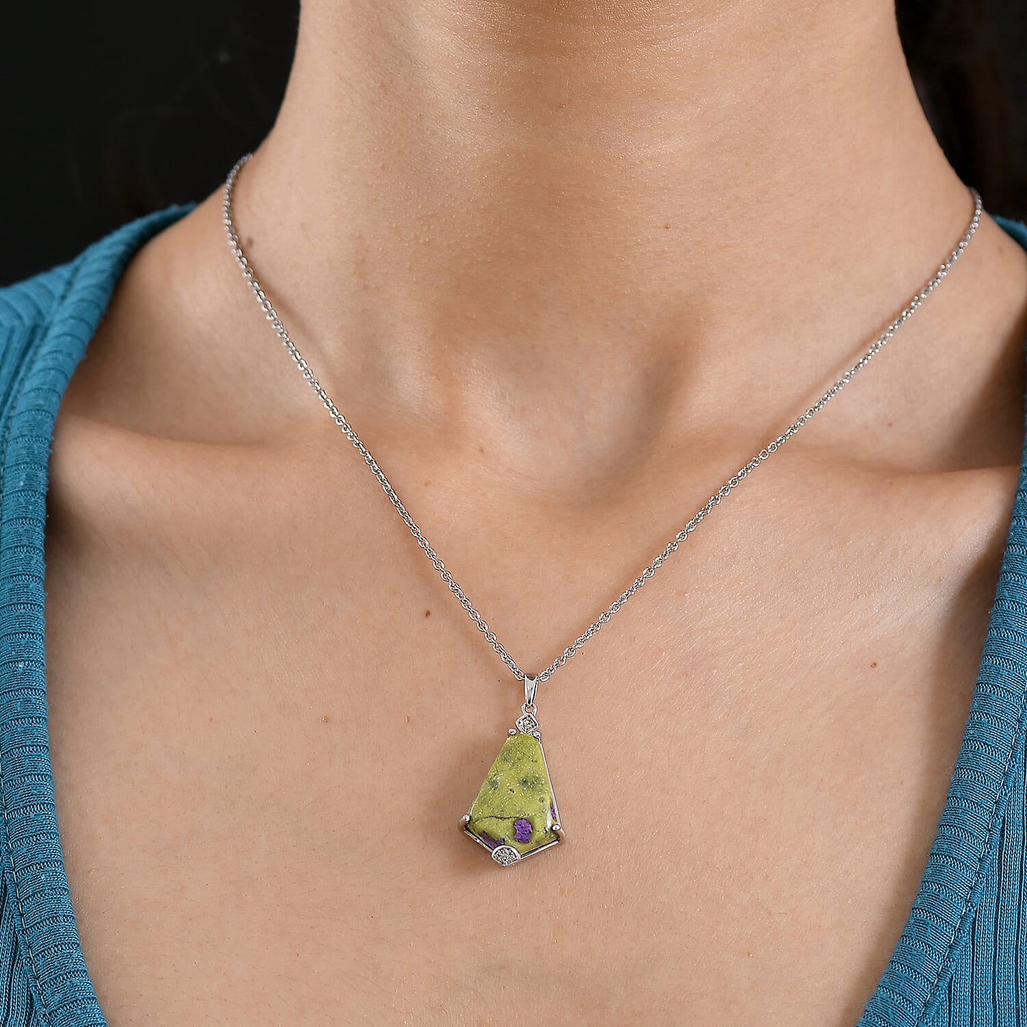 EverTrue Tasmanian Stichtite and Multi Gemstone 11.50 ctw Earthborn Grace Royal Shield Pendant in Platinum Bond with Stainless Steel Necklace 20 Inches